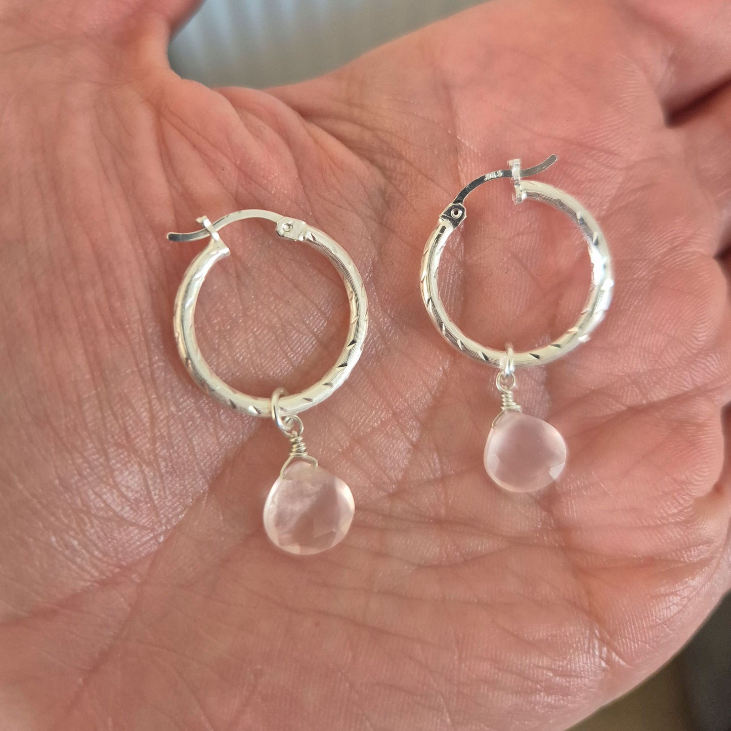 aros de cuarzo rosa piedra natural y plata fina