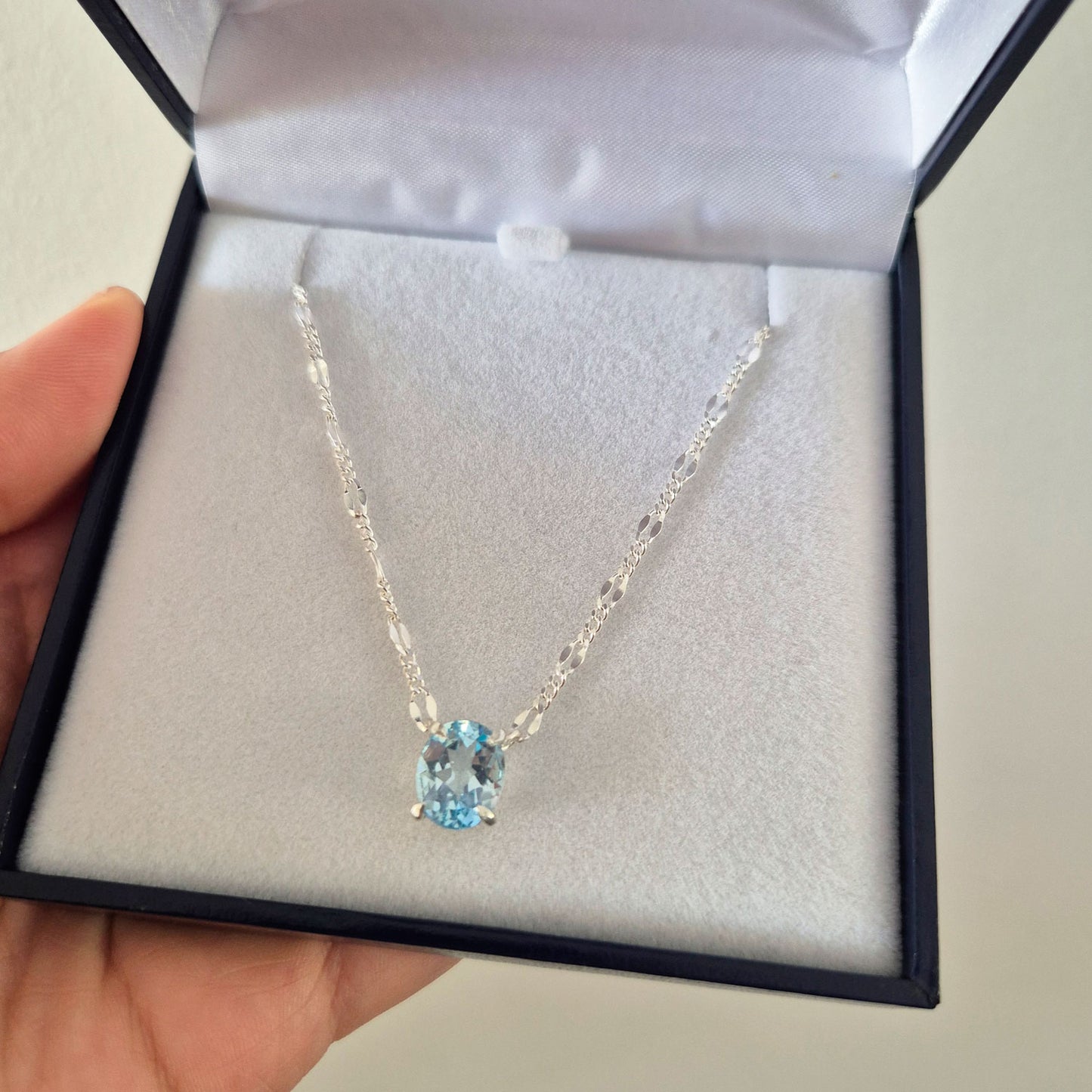 Collar De Plata 950 Con Topacio Azul Natural Hecho A Mano Agua