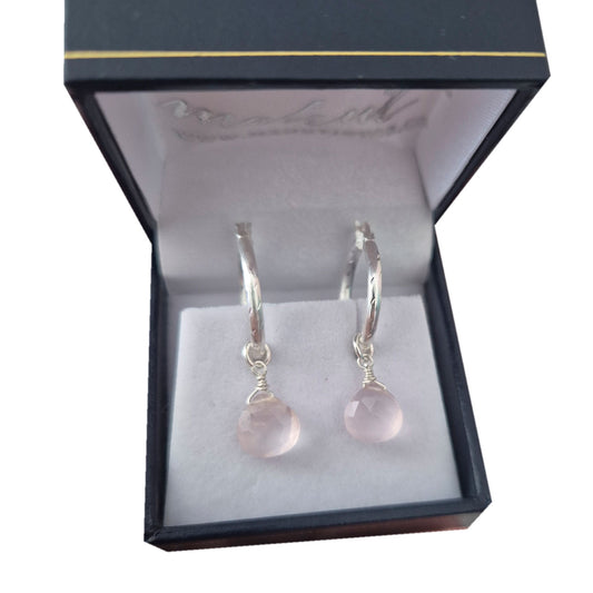aros de cuarzo rosa piedra natural y plata fina