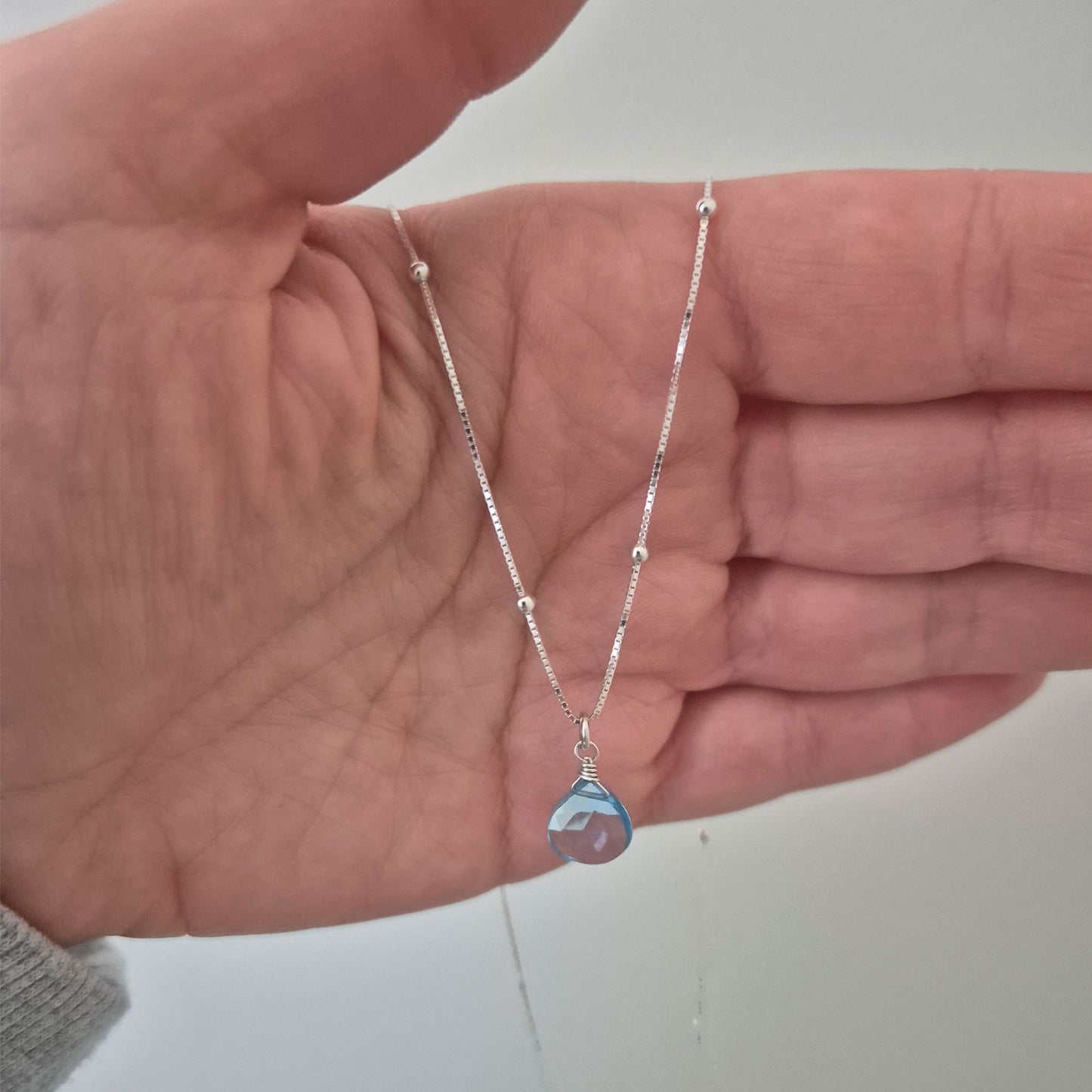 Collar Topacio Celeste Redondo Veneciana Plata Fina 925 Agua