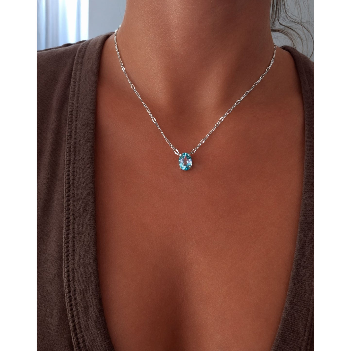 Collar De Plata 950 Con Topacio Azul Natural Hecho A Mano Agua