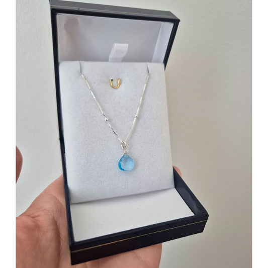 Collar Topacio Celeste Redondo Veneciana Plata Fina 925 Agua