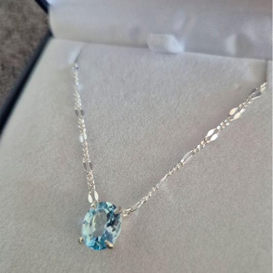 Collar De Plata 950 Con Topacio Azul Natural Hecho A Mano Agua