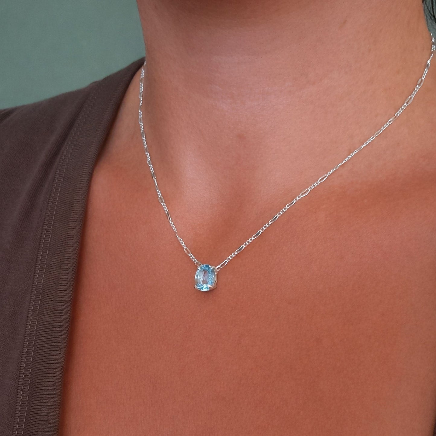 Collar De Plata 950 Con Topacio Azul Natural Hecho A Mano Agua