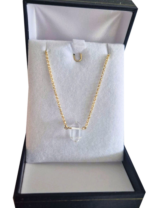 Collar Punta Cuarzo Cristal Natural Baño De Oro 18 k